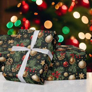 Christmas Evergreen Tree Ornaments Red Gold Geschenkpapier