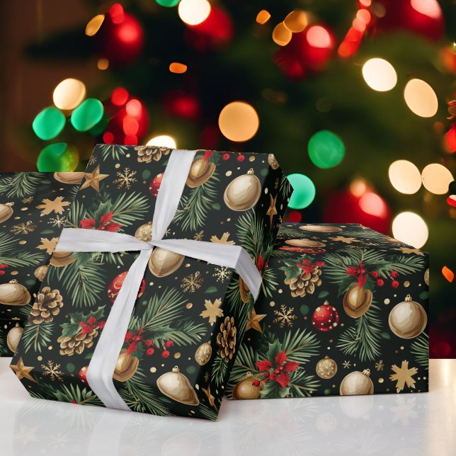 Christmas Evergreen Tree Ornaments Red Gold Geschenkpapier (Von Creator hochgeladen)