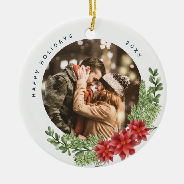 Christmas Evergreen und Poinsettia Foto Keramik Ornament (Vorne)