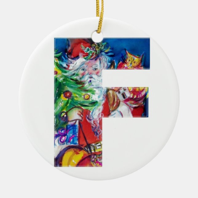 CHRISTMAS F LETTER / SANTA MIT CHRISTMAS TREM KERAMIKORNAMENT (Vorne)