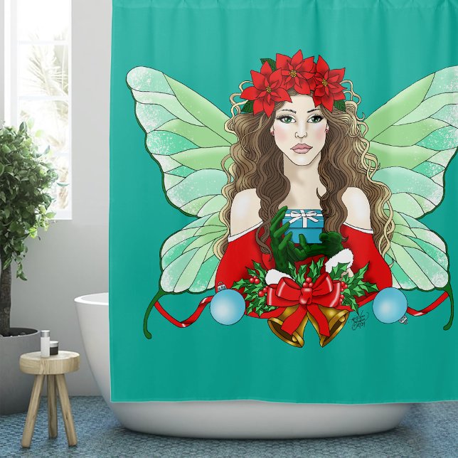 Christmas Fairy Brünett Red Green Poinsettias Duschvorhang (Von Creator hochgeladen)
