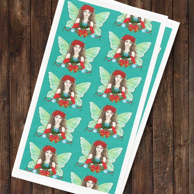 Christmas Fairy Brünett Red Green Poinsettias Serviette (Von Creator hochgeladen)