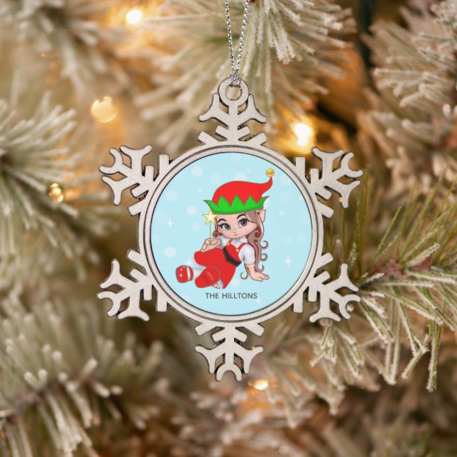 Christmas Fairy Elf Holding a Star Schneeflocken Zinn-Ornament (Baum)