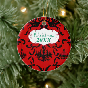 Christmas Family Foto Red Chandelier #3 Damask Keramikornament