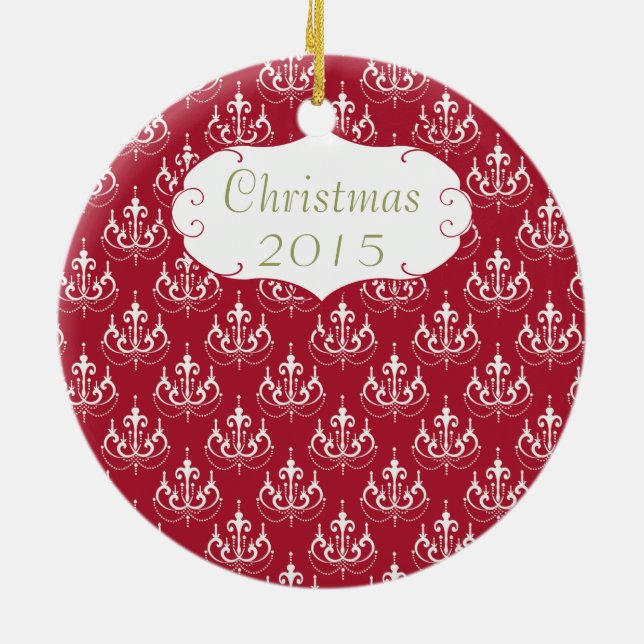 Christmas Family Foto Red Chandelier #5 Damask Keramikornament (Hinten)