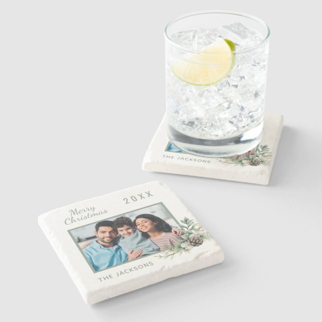 Christmas family foto white cone pine name steinuntersetzer (Seitenansicht)