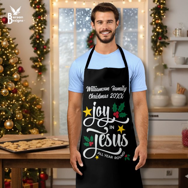 Christmas Family JOY IN JESUS Custom Christian  Schürze (Black personalized JOY IN JESUS matching family apron with typography and customizable name)