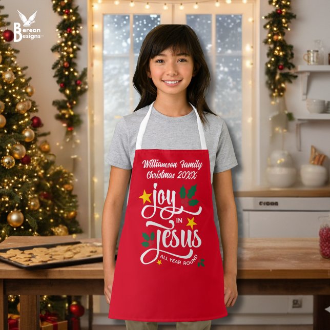Christmas Family JOY IN JESUS Custom Christian  Schürze (Red personalized JOY IN JESUS matching family apron with typography and customizable name)