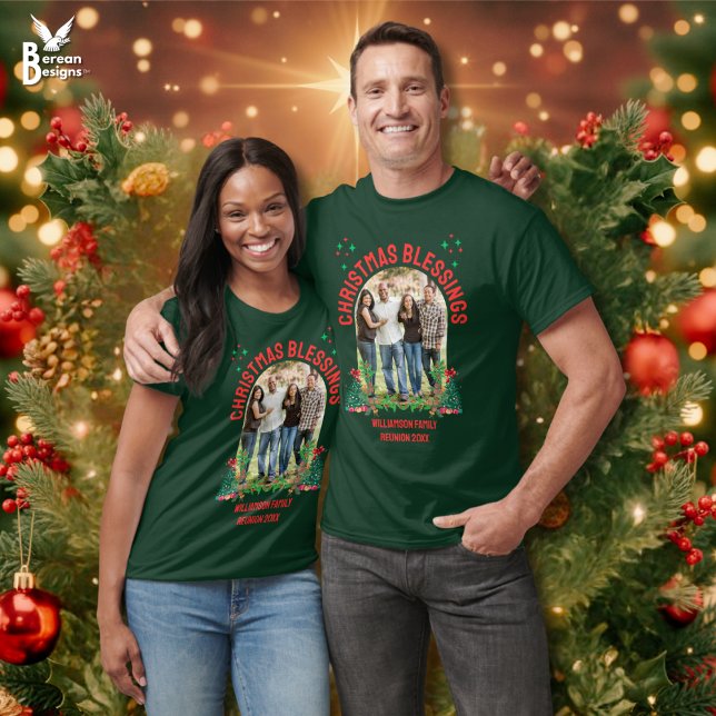 CHRISTMAS FAMILY WIEDERSEHEN Matching Group T-Shirt (Christmas Blessings Family Reunion group shirt with custom photo and text. Ideal family pajama gift)