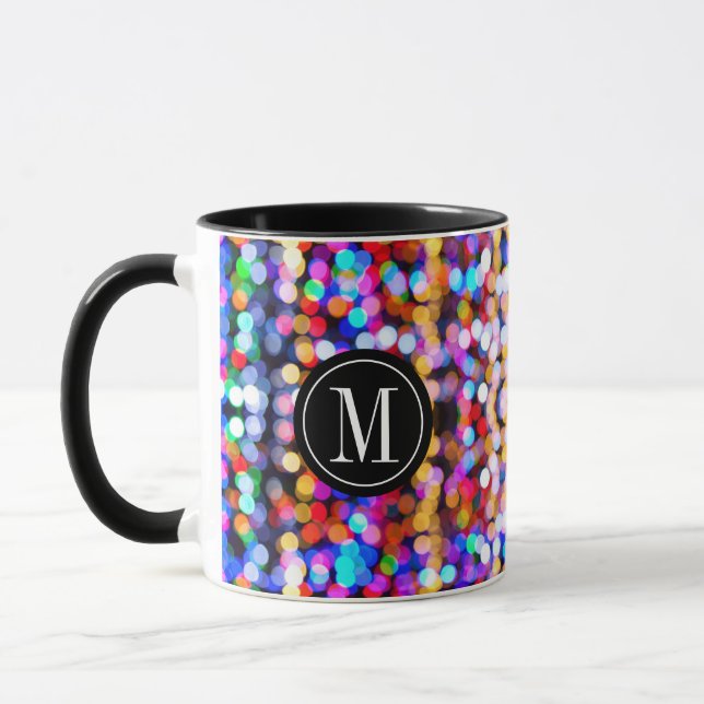 Christmas farbenfrohe Bokeh Lights Monogram Tasse (Links)