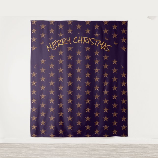 Christmas | Feierlich | Gold Stars | Lila Hintergr Wandteppich (Vorderseite)