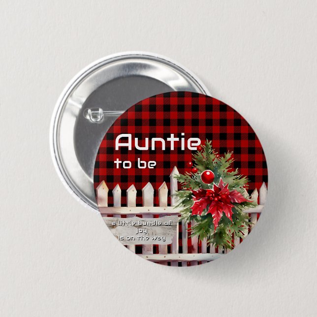 Christmas Fence Buffalo Plaid Auntie-to-be Button (Vorne & Hinten)
