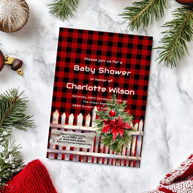 Christmas Fence Buffalo Plaid Baby Shower Einladung (Von Creator hochgeladen)