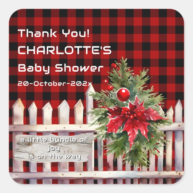 Christmas Fence Buffalo Plaid Baby Shower Quadratischer Aufkleber (Vorderseite)
