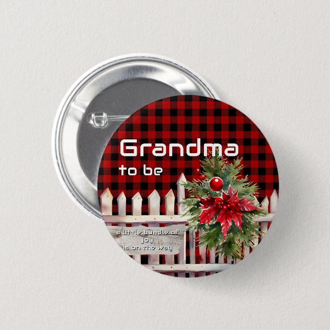 Christmas Fence Buffalo Plaid Grandma-to-be Button (Vorne & Hinten)