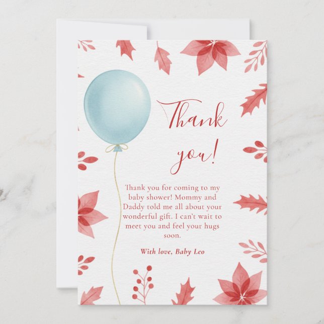 Christmas Festive Balloon Red Leaves Baby Shower Dankeskarte (Vorderseite)