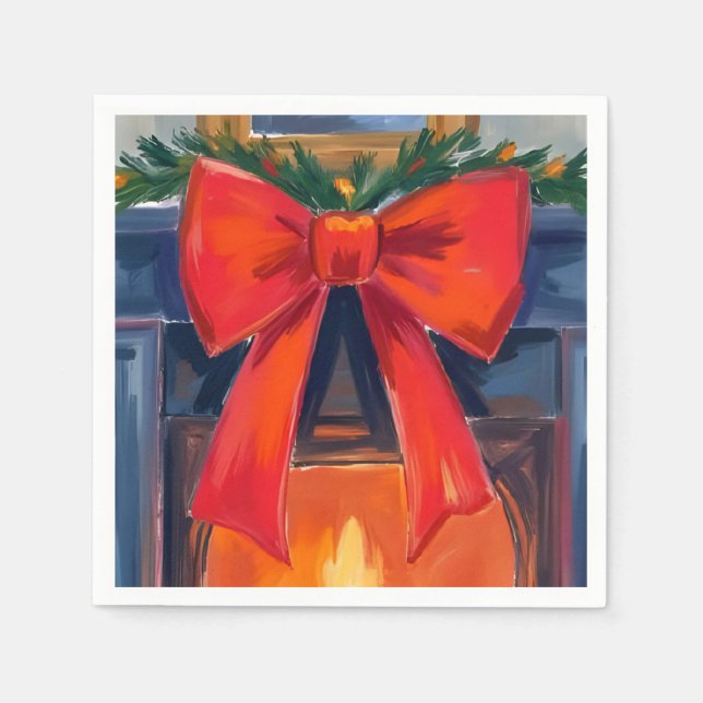 Christmas Fireplace | Red Bow Merry Watercolor  Serviette (Vorderseite)
