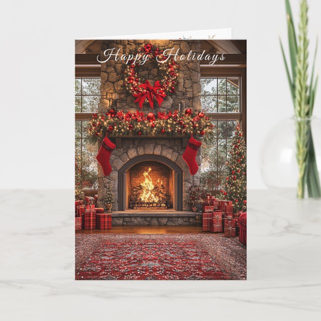 Christmas Fireplace Red Stockings Lights Karte (Vorderseite)
