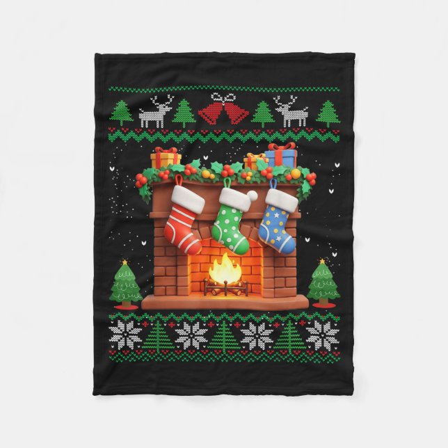 Christmas Fireplace Stockings Funny Ugly Christmas Fleecedecke (Vorderseite)