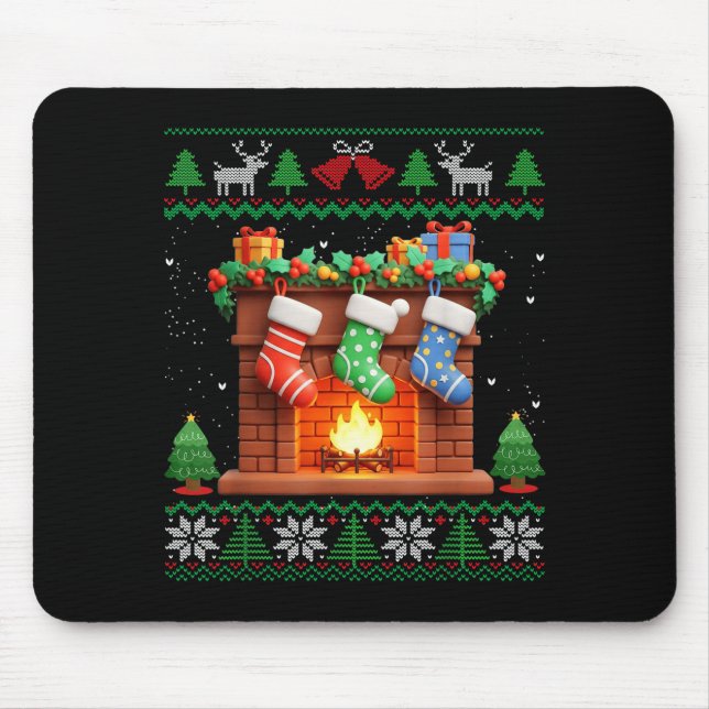 Christmas Fireplace Stockings Funny Ugly Christmas Mousepad (Vorne)