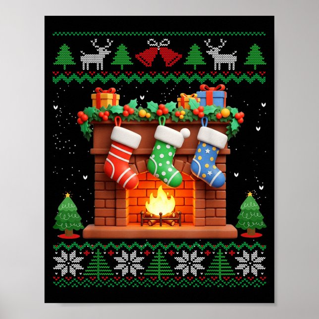 Christmas Fireplace Stockings Funny Ugly Christmas Poster (Vorne)