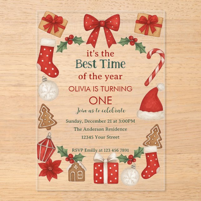 Christmas First Birthday Invitation | Festive Acryleinladungen (Vorderseite)