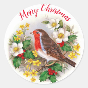 Christmas Flaming Robin Holly Bird Umschlag Aufkle Runder Aufkleber