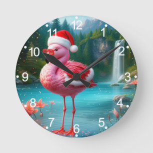 Christmas Flamingo As Santa Claus-47475 Runde Wanduhr