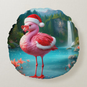 Christmas Flamingo As Santa Claus-47475 Rundes Kissen