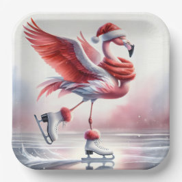 Christmas Flamingo auf Skaten Pappteller