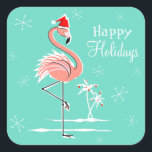 Christmas Flamingo Happy Holidays Aufkleber Platz<br><div class="desc">Stilvolles Design mit einer Retro-Touch mit einem festlich rosa Flamingo mit roter Weihnachtsmannmütze,  Stars und Palmen,  die mit Baubles Set vor einem Aquahintergrund verziert sind. Ein individuell anpassbares Design für Sie,  um mit Ihrem eigenen Text,  Bildern und Ideen zu personalisieren. Ein originelles digitales Kunstbild von Quirky Chic.</div>