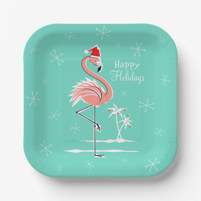 Christmas Flamingo Happy Holidays Platz Pappteller (Vorderseite)