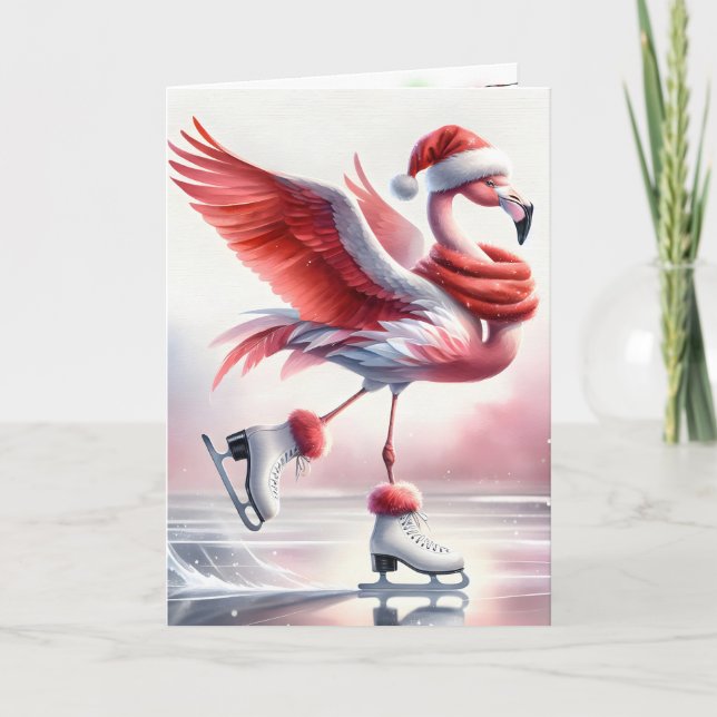 Christmas Flamingo Ice Skaten Karte (Vorderseite)