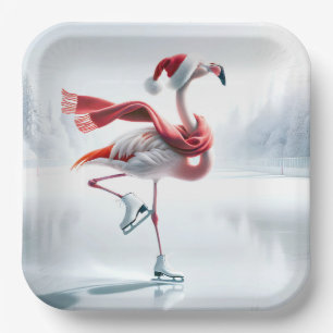 Christmas Flamingo Ice Skaten Pappteller