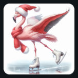 Christmas Flamingo Ice Skaten Quadratischer Aufkleber<br><div class="desc">Rosa Flamingo-Skate auf Eis mit roter Weihnachtsmannmütze und passendem Schal</div>