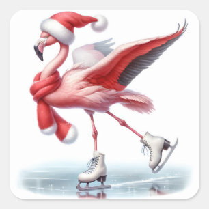 Christmas Flamingo Ice Skaten Quadratischer Aufkleber