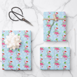 Christmas Flamingo Pattern Blue Geschenkpapier Set