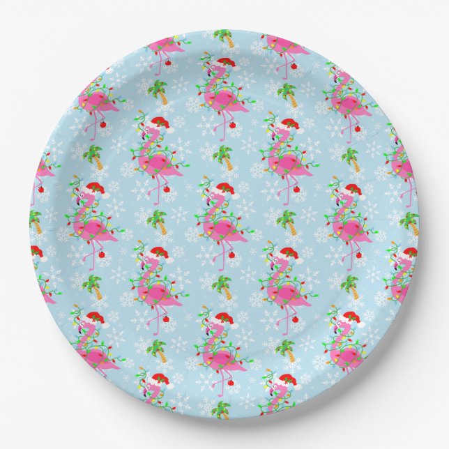 Christmas Flamingo Pattern Blue Pappteller (Vorderseite)