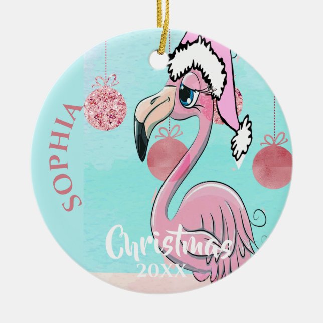 Christmas Flamingo Santa Foto Blue Pink Niedlich Keramik Ornament (Vorne)