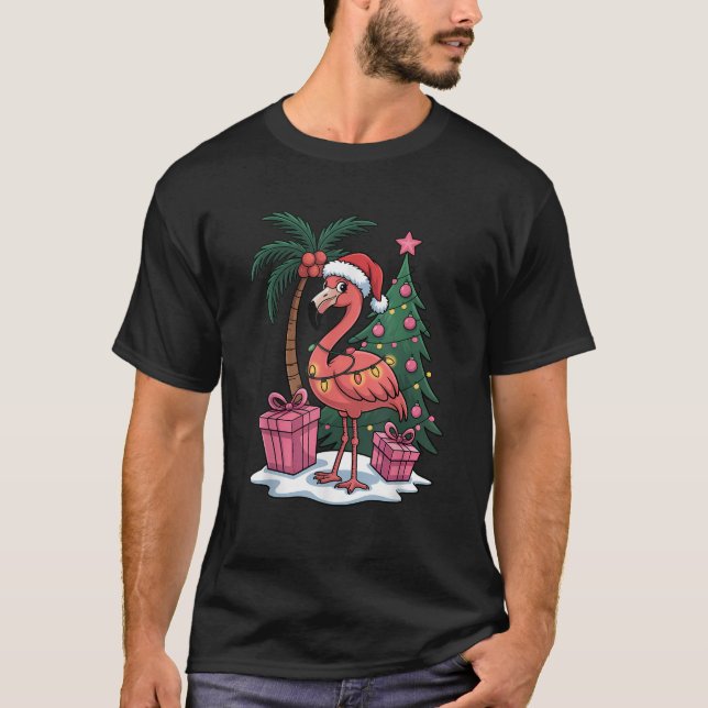 Christmas Flamingo Santa Hat Tree Lights Funny  T-Shirt (Vorderseite)