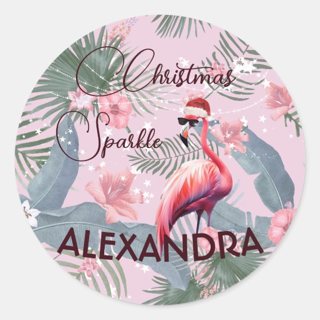 Christmas Flamingo Tropical Personal Runder Aufkleber (Vorderseite)