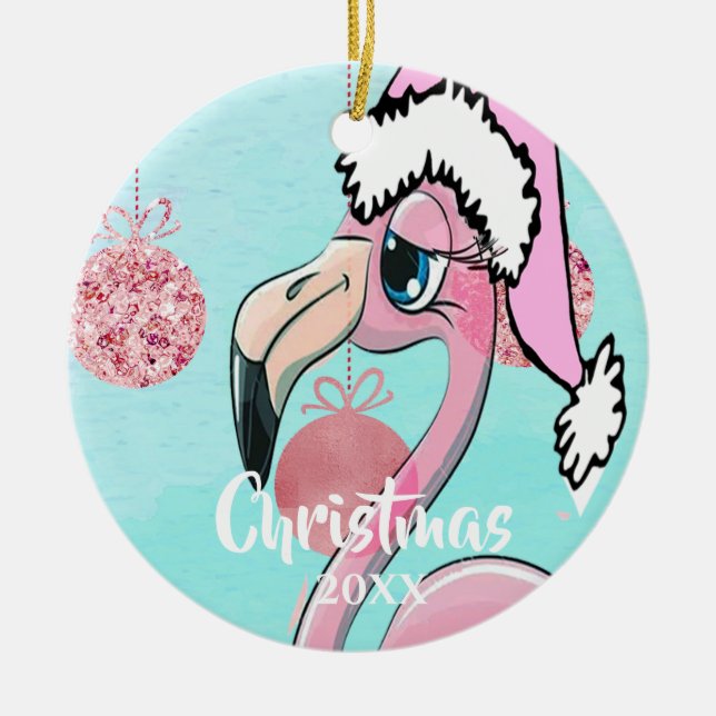 Christmas Flamingo Weihnachtsmannmütze Blue Pink G Keramik Ornament (Vorne)