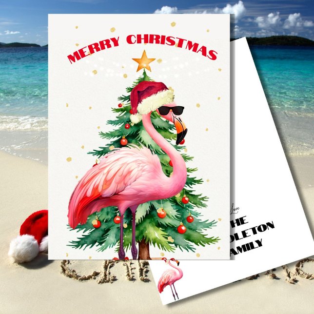 Christmas Flamingo Weihnachtsmannmütze Gold Gruß Einladung (Von Creator hochgeladen)