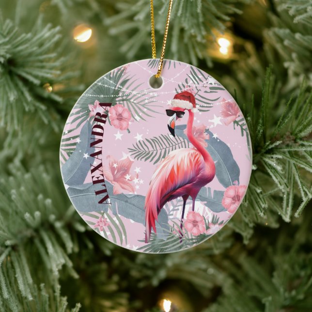 Christmas Flamingo Weihnachtsmannmütze Tropical Keramik Ornament (Baum)