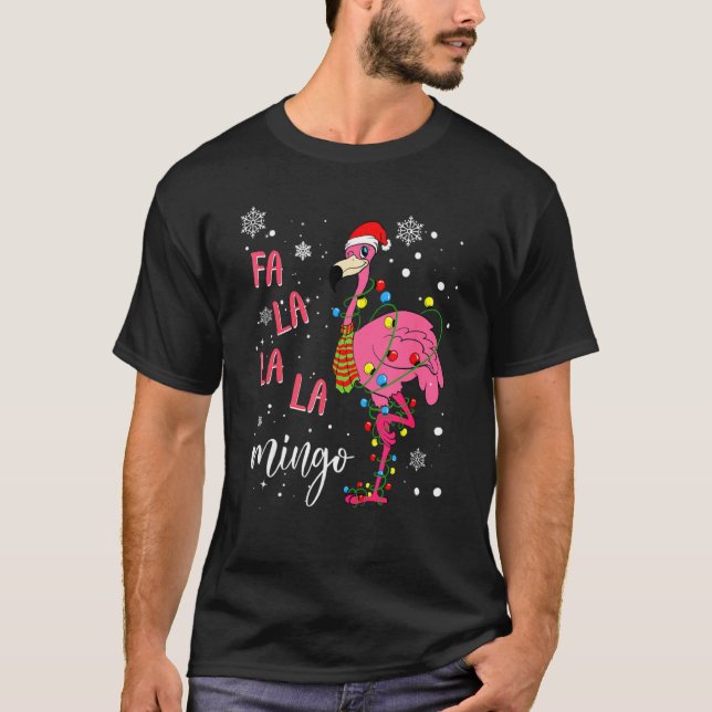 Christmas Flamingo Weihnachtsmannmütze Xmas Lights T-Shirt (Vorderseite)