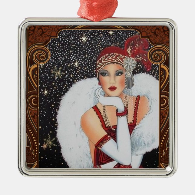 Christmas Flapper Girl Star-Drenched Night Sky Ornament Aus Metall (Vorne)