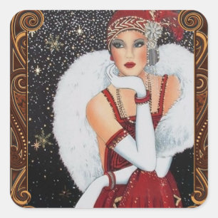 Christmas Flapper Girl Star-Drenched Night Sky Quadratischer Aufkleber