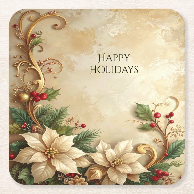 Christmas Floral Holiday Paper Coaster Rechteckiger Pappuntersetzer (Vorderseite)
