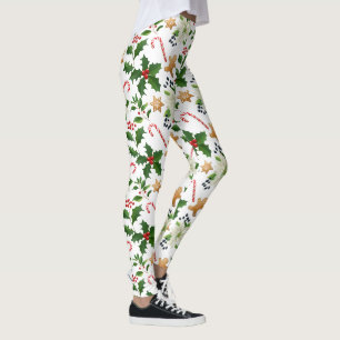 Christmas Floral Holly Candy Canes Gingerbret Leggings