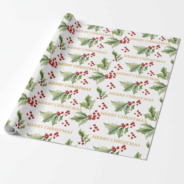 Christmas Floral Holly Red Berries Geschenkpapier (Ungerollt)